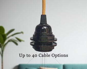 Plug in Pendant Light - Black Bakelite threaded e27 lamp holder - Hanging fabric cable wall cord - Reading, ambient or mood lighting