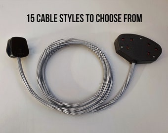Vintage Style Fabric Cable Extension Lead - Black or White Trailing Socket - 1-way 2-way - 13a