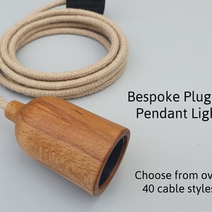 Wooden Plug in Pendant Light - Fabric Cable, Oak Style Lamp Holder and Plug - E27 Edison Screw - Scandi Modern Solid Wood - duggi Design