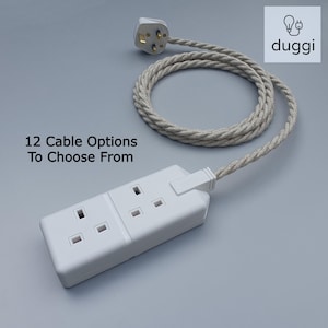 Bespoke Fabric Cable Extension Lead - Black or White Options - 2-way - 2 Gang 13a - Vintage Retro Heavy Duty Trailing Socket - Twisted Cable