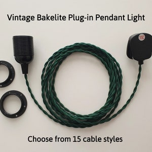 Plug in Pendant Light - Threaded Bakelite Lamp Holder, Twisted Fabric Cable and Plug - E27 Edison Screw - Vintage Retro MCM - duggi Design