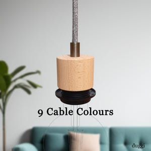 Plug in Pendant Light - Wood + Grey - Hanging fabric cable cord & threaded e27 wooden lamp holder - Unique reading, ambient mood lighting