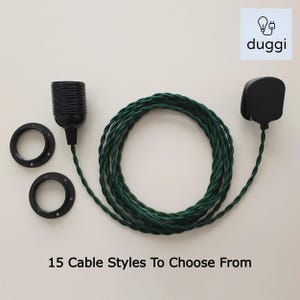 May include: A green twisted electrical cord with a black plug, a black lamp socket, and two black ceiling rose plates.  15 Cable Styles To Choose From.