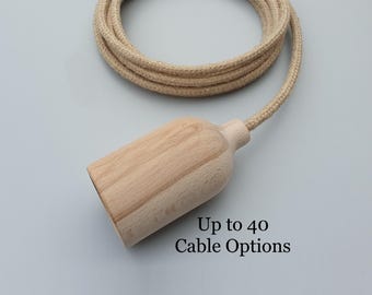 Plug in Pendant Light - Natural Wood - Hanging fabric cable wall cord & modern e27 wooden lamp holder, Unique reading, ambient mood lighting