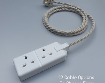 Bespoke Fabric Cable Extension Lead - Black or White Options - 2-way - 2 Gang 13a - Vintage Retro Heavy Duty Trailing Socket - Twisted Cable
