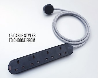 Bespoke Fabric Cable Extension Lead - Black or White Trailing Socket - 4-way - 13a - Modern Vintage Retro Heavy Duty