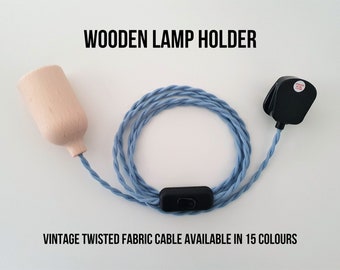 TW Plug in Pendant Light - Wooden Lamp Holder, Twisted Fabric Cable and Plug - E27 Edison Screw - Vintage Retro MCM Minimal - duggi Design