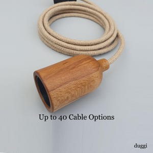 Plug in Pendant Light - Wood - Hanging Fabric Cable Wall Cord & Oak Style Wooden Lamp Holder - Modern Minimal Reading Ambient Mood Lighting