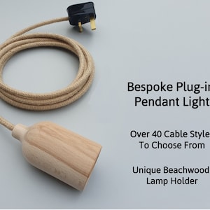 Wooden Plug in Pendant Light - Fabric Cable, Beachwood Lamp Holder and Plug - E27 Edison Screw - Scandi Boho Modern Solid Wood - duggi