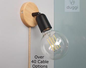 Plug in Wall Lamp - Adjustable Arm in Black with Wood Base - Minimal Scandi Nordic Style Light - E27 Edison Screw Bulb - duggi
