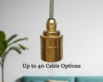 Plug in Pendant Light - Brass - Hanging fabric cable wall cord & vintage style e27 lamp holder - Unique reading, ambient mood lighting