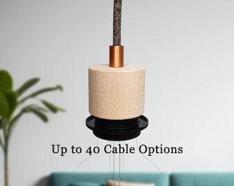 Plug in Pendant Light - Wood + Copper - Hanging fabric cable wall cord & threaded e27 wooden lamp holder - Reading, ambient mood lighting