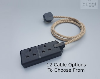 Bespoke Fabric Cable Extension Lead - Black or White Options - 2-way - 2 Gang 13a - Vintage Retro Heavy Duty Trailing Socket - Twisted Cable