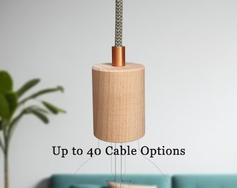 Plug in Pendant Light - Wood + Copper - Hanging fabric cable cord & modern e27 wooden lamp holder - Unique reading, ambient mood lighting