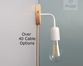 Plug in Wall Lamp - Curved Arm in White with Wood Base - Minimal Scandi Nordic Style Light - E27 Edison Screw Bulb - duggi