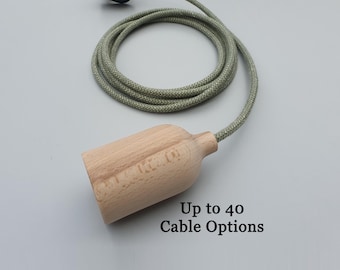 Beachwood Plug in Pendant Light - Fabric Cable, Wooden Lamp Holder and Plug - E27 Edison Screw - Scandi Boho Modern Solid Wood Wall Lighting