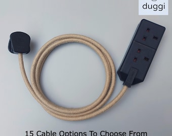 Bespoke Fabric Cable Extension Lead - Black Trailing Socket - 2 way or 4 way - 13a - Modern Vintage Retro Heavy Duty - Round Cable
