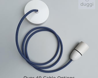 White Pendant Ceiling Light - Bayonet Cap Lamp Holder & Fabric Cable - Kitchen Island Shop Bar Cafe - Modern - BC B22 - duggi