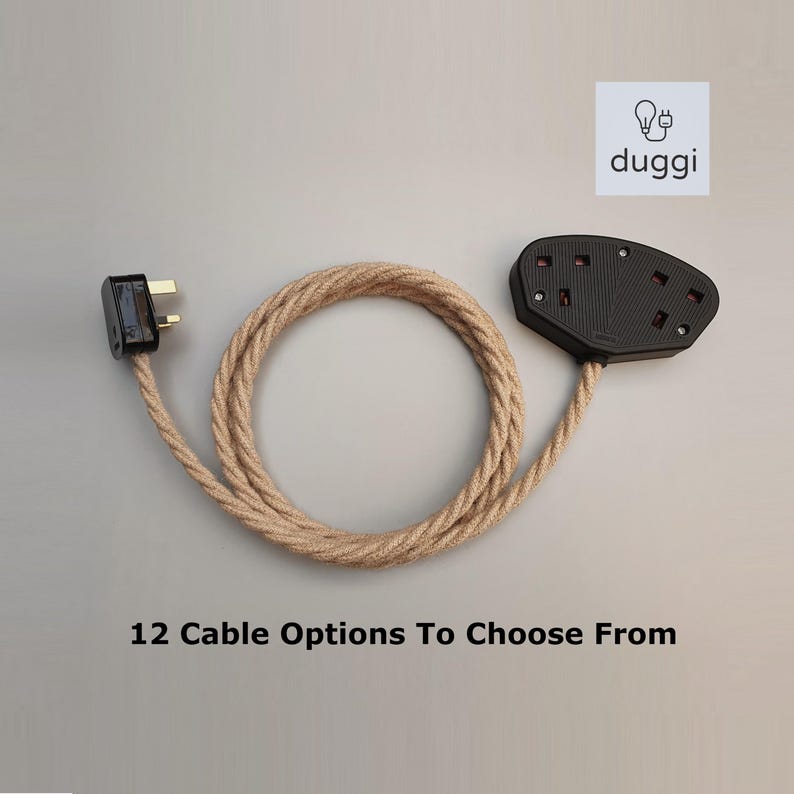 Vintage Style Twisted Fabric Cable Extension Lead - Black or White Trailing Socket - 1-way 2-way - 13a afbeelding 1