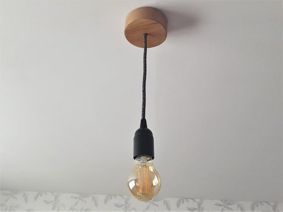 Pendant Ceiling Light Solid Oak Fabric Cable Lamp Holder Kitchen Island Shop Bar Cafe Wooden Industrial Modern Wood Hanging Duggi