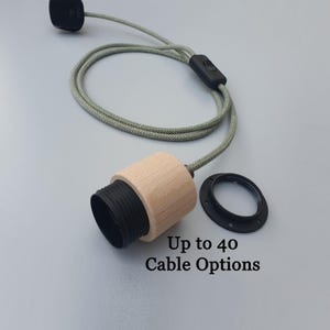 Plug in Pendant Light - Wood + Grey - Hanging fabric cable wall cord & threaded e27 wooden lamp holder - Reading, ambient mood lighting