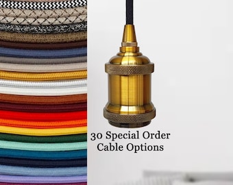 Plug in Pendant Light SPECIAL ORDER CABLES - Brass - Vintage style lamp holder & hanging fabric cable cord - Reading Ambient Mood Lighting