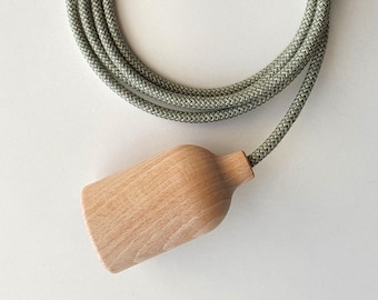 Plug in Pendant Light - Natural Wood - Hanging fabric cable wall cord & modern e27 wooden lamp holder, Unique reading, ambient mood lighting