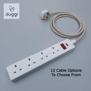 Bespoke Fabric Cable Extension Lead - Black or White Trailing Socket - 4-way - 4 Gang 13a - Vintage Retro Heavy Duty - Twisted Cable