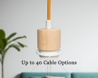Plug in Pendant Light - Wood + White - Hanging fabric cable wall cord & threaded e27 wooden lamp holder - Reading, ambient mood lighting