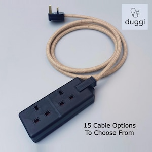 Bespoke Fabric Cable Extension Lead - Black or White Options - 2-way - 2 Gang 13a - Vintage Retro Heavy Duty Trailing Socket - Round Cable