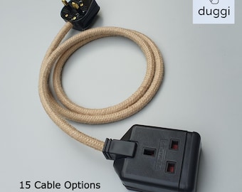 Bespoke Fabric Cable Extension Lead - Black or White Options - 1-way - 1 Gang 13a - Vintage Retro Heavy Duty Trailing Socket - Round Cable