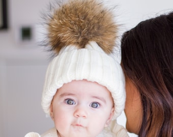 Gorro de inverno infantil de tricô com pompom de pele verdadeira – gorro grosso para bebês e crianças (1 a 8 anos) Chapéus de família combinando.