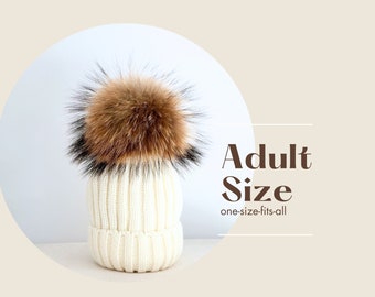 Gorro de malha unissex com pompom de pele verdadeira grande – gorro de inverno preto ou branco | Gorro de malha grosso com pompom | Gorro de pele grande com pompom para mulheres e homens