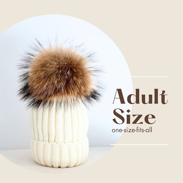 Real fur adult pom pom hat | Winter hat one size fits all | Women beanie | Mens beanie | Unisex hat | Knit hat | Large pom pom