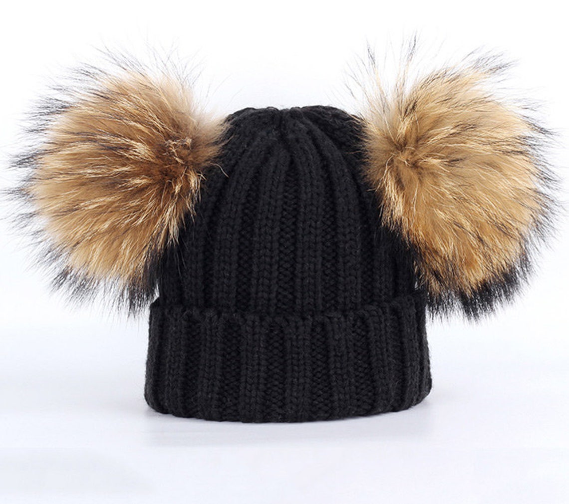 Black Fur Double Pom Hat