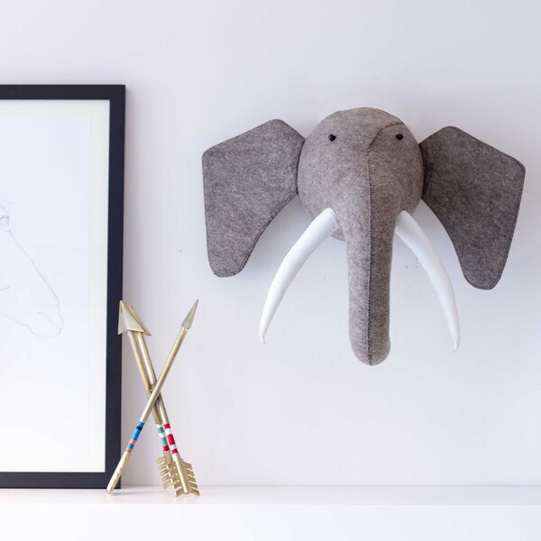 Elephant head felt wall decor, Nursery decor animal head, children's elephant room wall decor, decorative wall mounted elephant head, modern