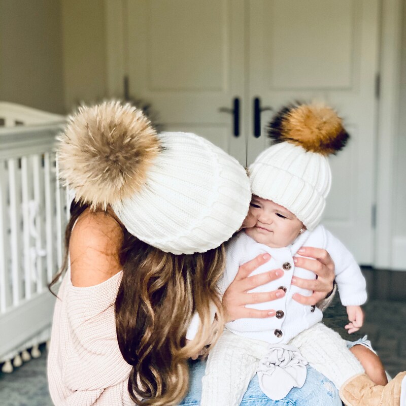 Mommy and Me Matching Hats Set – Red Stripe Pom Pom Beanie – Winter Hat main image 0