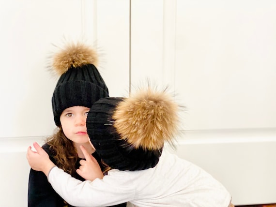 Big Fur Pom pom Beanie Hats Kids Girls Boys Warm Knitted Winter Hat Baby  Real Raccoon Fur pompom Beanies Cap - Price history & Review