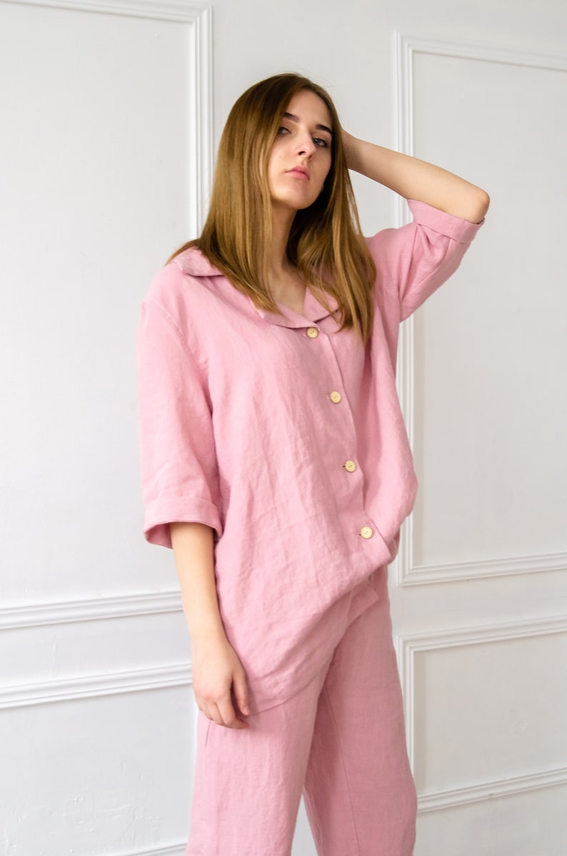 Stonewashed linen Pajama SET For Her 100/% Pure Linen Pajama in Pink Bridesmaid Pajamas