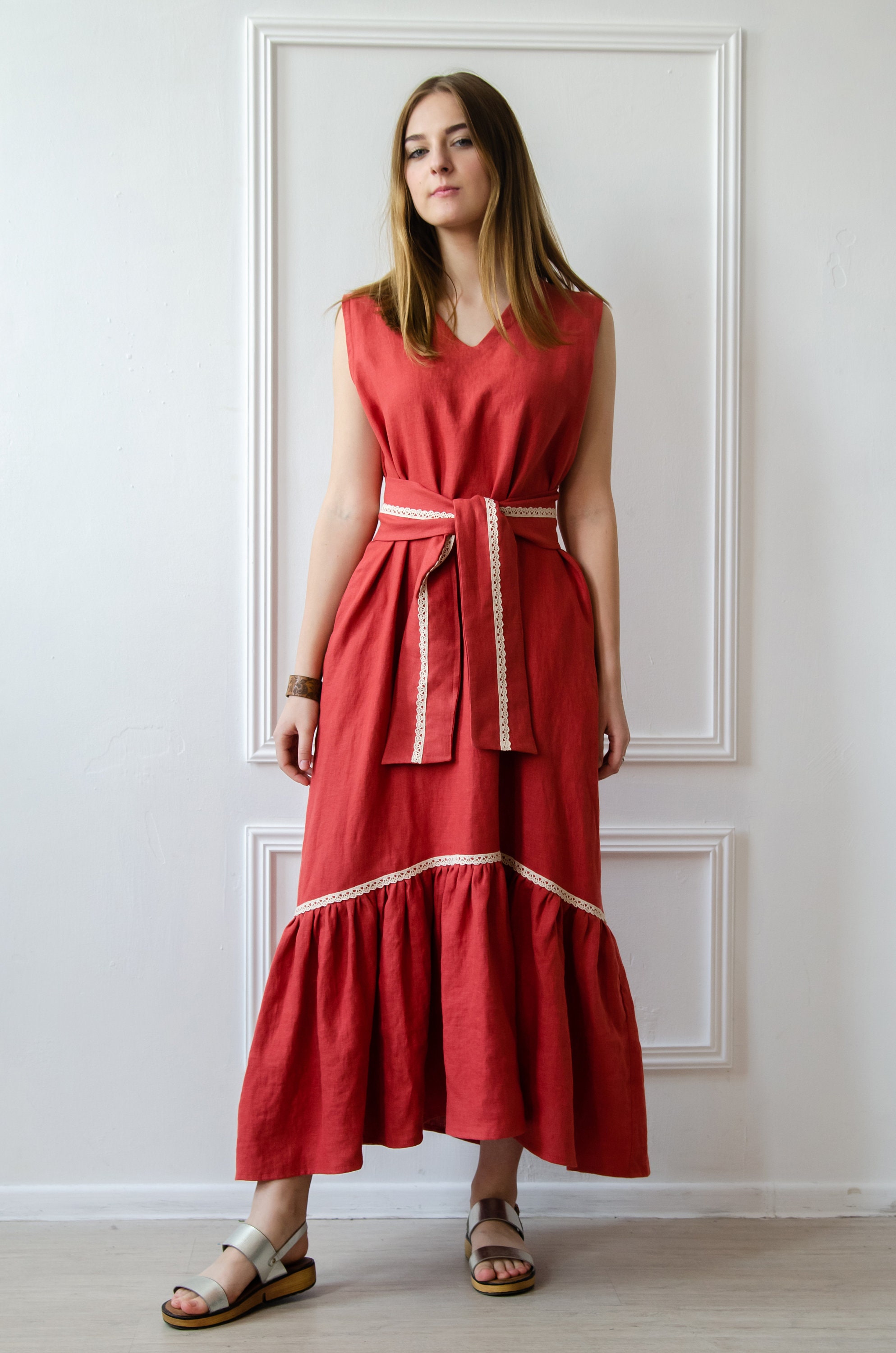 RED LINEN DRESS with belt maxi boho dress Etsy