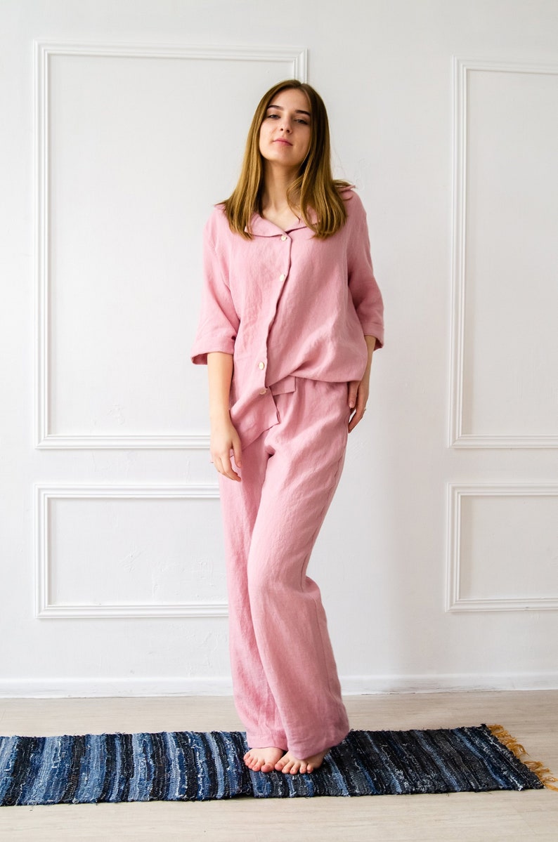 Stonewashed linen Pajama SET For Her 100/% Pure Linen Pajama in Pink Bridesmaid Pajamas