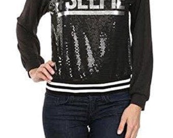 2Chique Boutique Women’s Black Sequined Sweater Top with Striped Trim