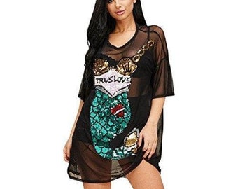 2Chique Boutique Women’s Short Sleeve Black Mesh Tunic with Sequins Mermaid Design