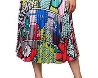 2Chique Boutique Women’s Cartoon Printed Pleated Midi Skirt with Elastic Waistband One Size Fits All
