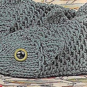May include: A pair of blue-green fish-shaped slippers. The slippers feature large, round yellow eyes with black pupils and a textured, scale-like pattern. The slippers are designed to resemble fish.