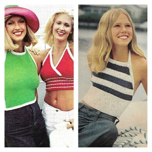 Puede incluir: Dos mujeres y una niña con tops halter. Los tops están tejidos en diferentes colores y patrones. Las mujeres llevan pantalones vaqueros y la niña lleva pantalones vaqueros y una camisa blanca.