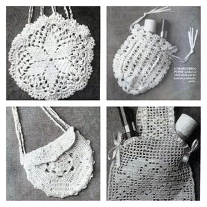 May include: Four images showcase white crochet purses and a cosmetic caddy. The top left image displays a round bag with a floral design. The top right shows a drawstring pouch with cosmetic items. The bottom left features a small shoulder bag. The bottom right shows a caddy with text.
