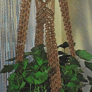 Puede incluir: Un macetero de macramé marrón con un diseño tejido y flecos. Una planta verde está colgando del macetero.