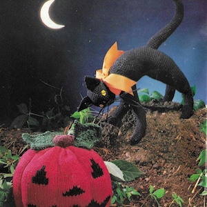 May include: A black knitted cat with an orange bow sits on a bed of brown dirt and green leaves. A red knitted pumpkin with a black jack-o-lantern face sits in front of the cat. A crescent moon is visible in the night sky.