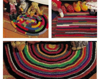 May include: Three colorful crocheted rugs in different shapes and sizes. The rugs are made with a variety of colors, including red, green, blue, yellow, and black. The rugs are perfect for adding a touch of color and style to any room.